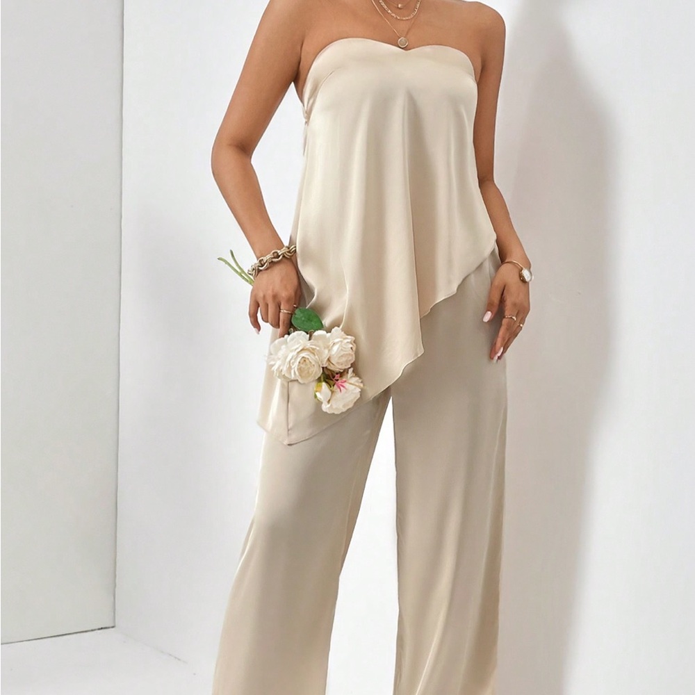 Cream Strapless 2 piece satin pant set